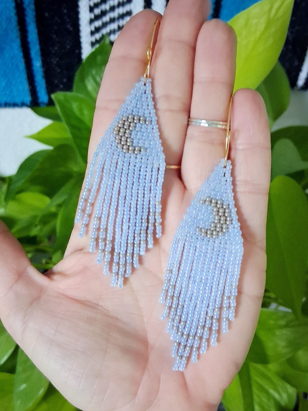 Light Blue Beaded Fringe Earrings with Crescent Accent